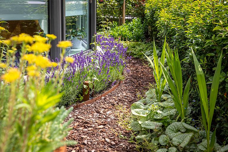 Frans boomschors tuinpad in groene border met bloemen en siergrassen.