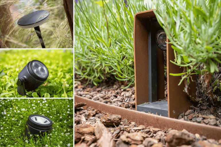 Tuinverlichting in groene tuin, hier is de in-lite sway, in-lite mini scope, in-lite scope en de in-lite ace Corten toegepast